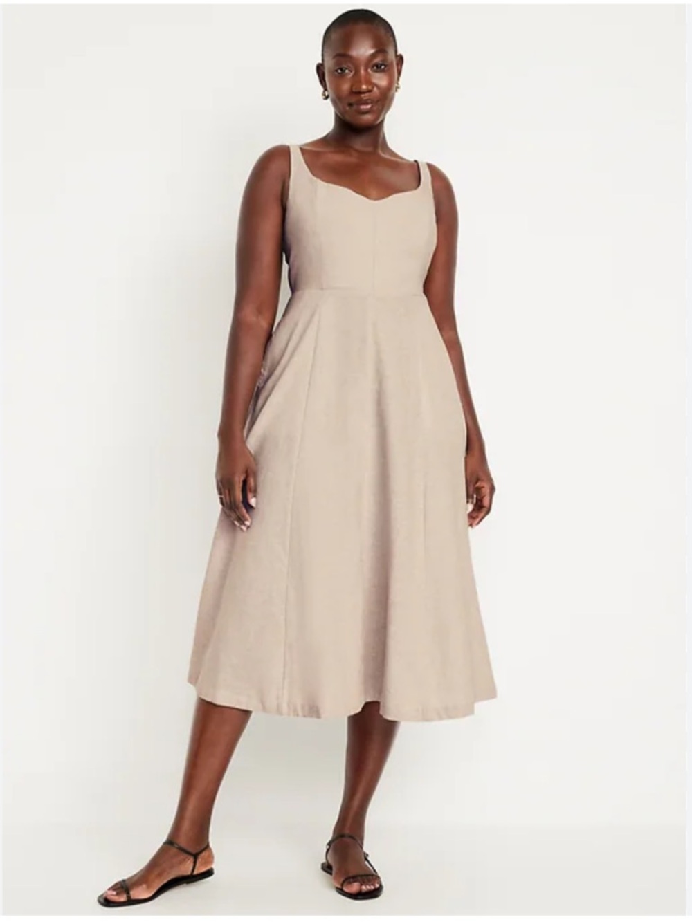 Old Navy Neutral Beige Sleeveless Fit-&-Flare Linen-Blend Midi Dress